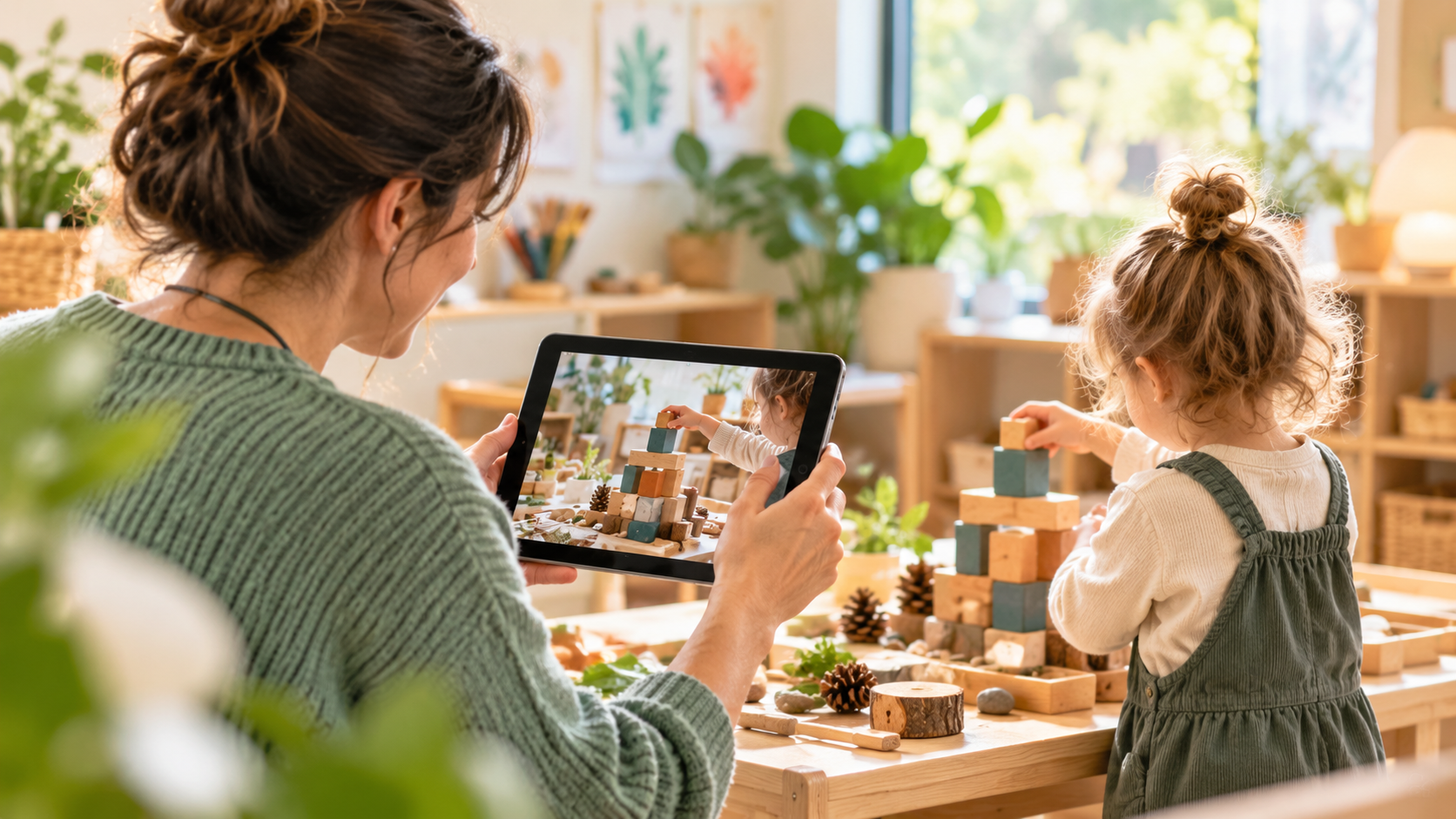 Teacher documenting a child’s learning activity on a tablet without showing the child’s face